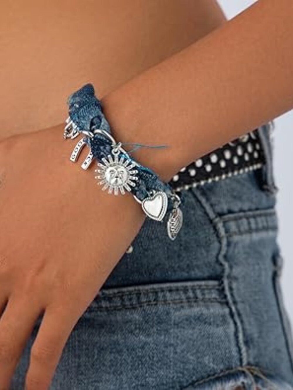 Boho Denim Braided Charm Bracelet Sun Shell Boot Heart Retro Silver‎